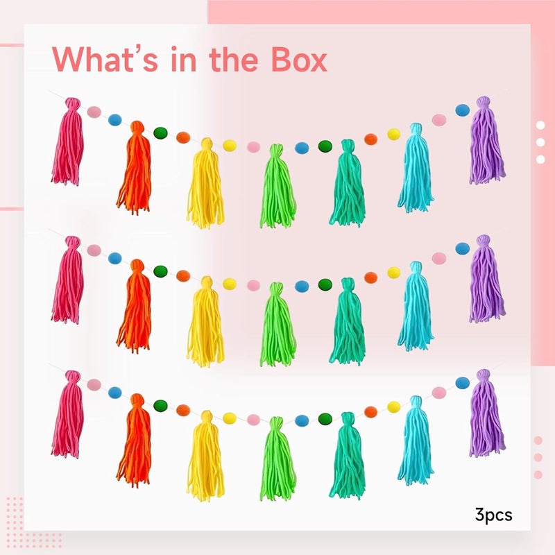 Colorful Pom Pom Garland, 3 Pcs, 4.3 Ft Felt Banner with Rainbow Yarn Tassels, for Bohemian Home Decor, Parties, Showers, Laying Flat - Image 3