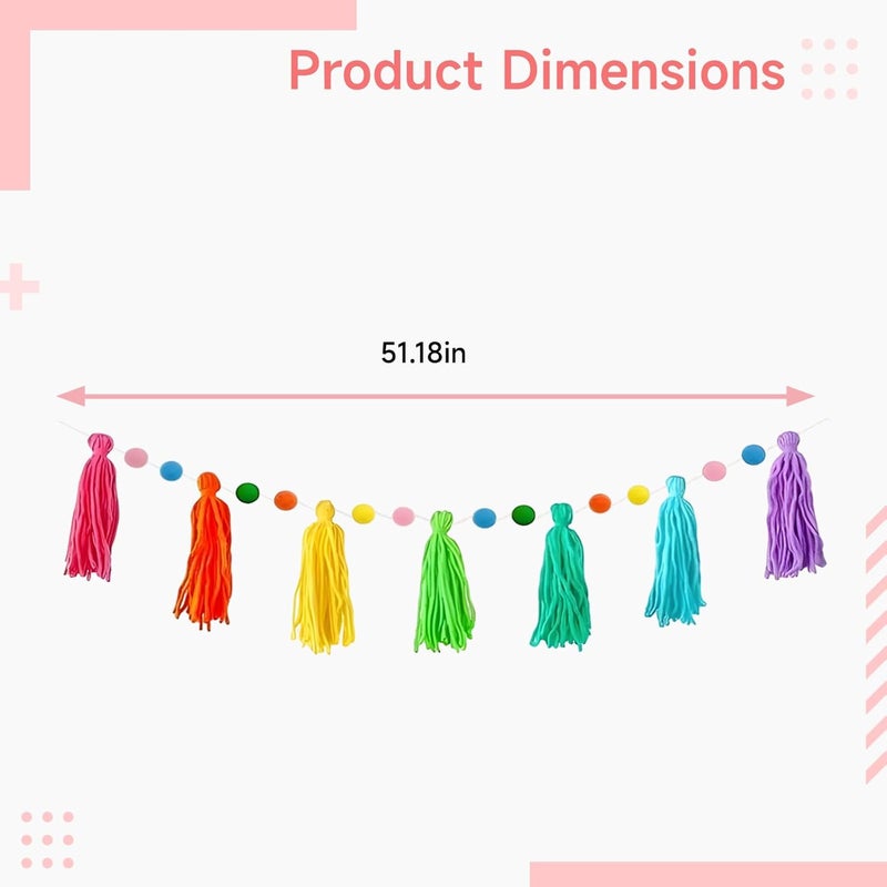 Colorful Pom Pom Garland, 3 Pcs, 4.3 Ft Felt Banner with Rainbow Yarn Tassels, for Bohemian Home Decor, Parties, Showers, Laying Flat - Image 2