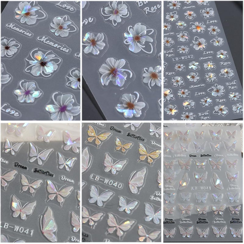 Fcozpjk 5D Embossed Spring Flower Nail Stickers, 4 Sheets Holographic Shiny Butterfly Nail Stickers, Cherry Blossom Nail Decals, Self-Adhesive Pegatinas para UÃ±as, Summer Floral Manicure Design - Image 3