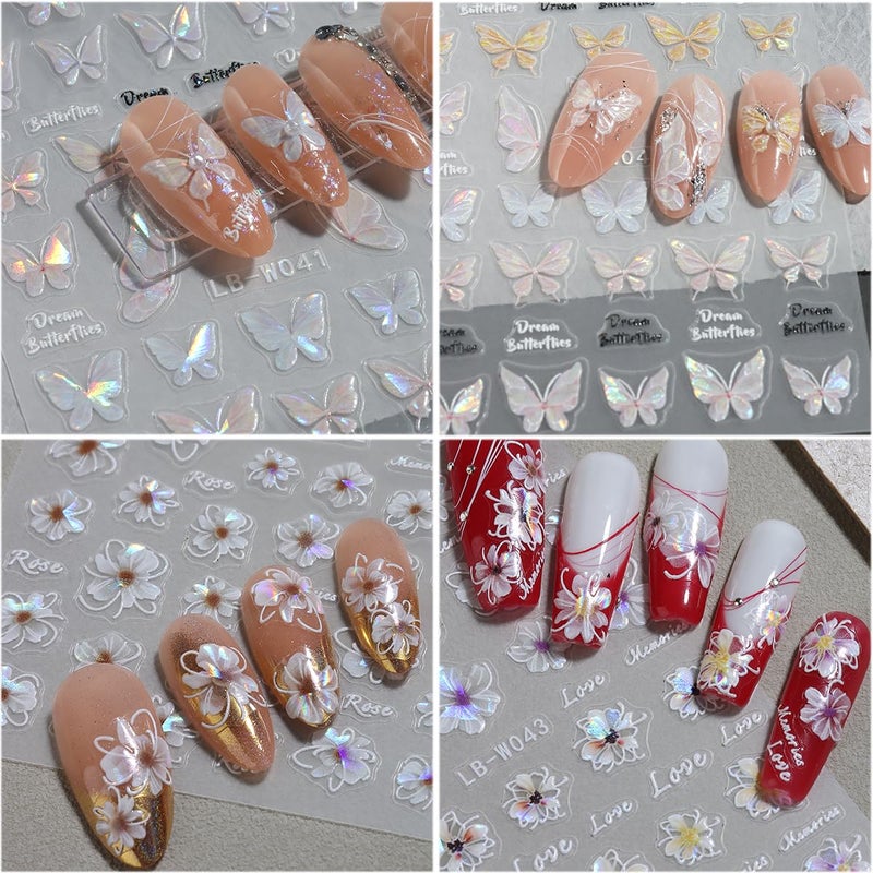 Fcozpjk 5D Embossed Spring Flower Nail Stickers, 4 Sheets Holographic Shiny Butterfly Nail Stickers, Cherry Blossom Nail Decals, Self-Adhesive Pegatinas para UÃ±as, Summer Floral Manicure Design - Image 4