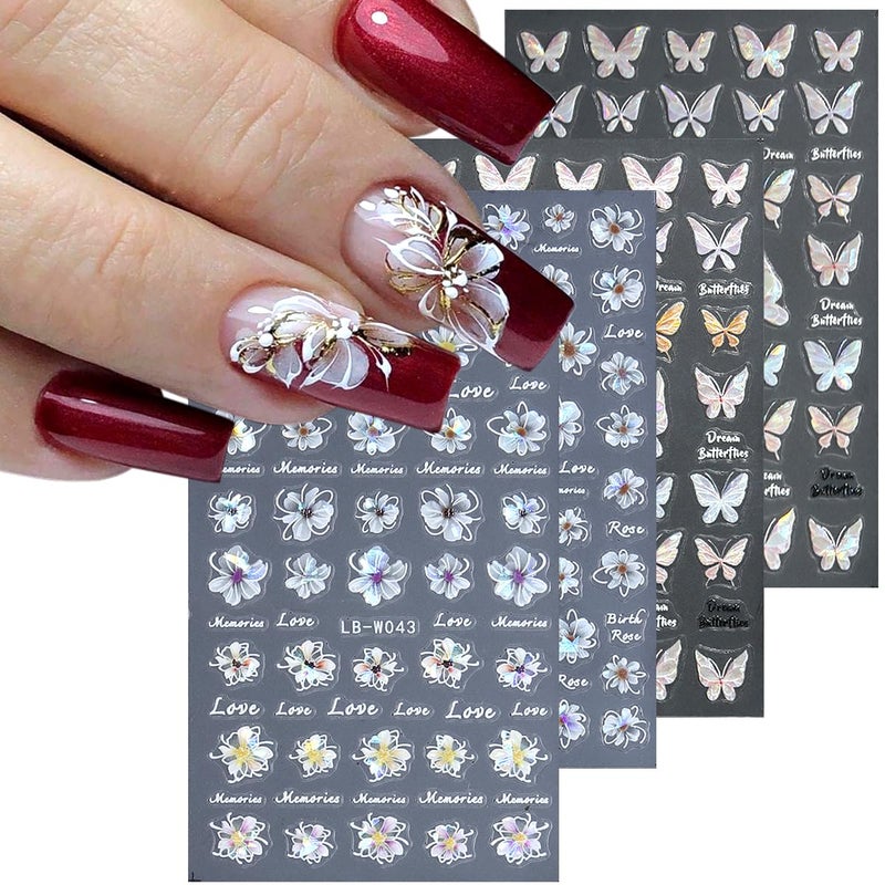 Fcozpjk 5D Embossed Spring Flower Nail Stickers, 4 Sheets Holographic Shiny Butterfly Nail Stickers, Cherry Blossom Nail Decals, Self-Adhesive Pegatinas para UÃ±as, Summer Floral Manicure Design - Image 1