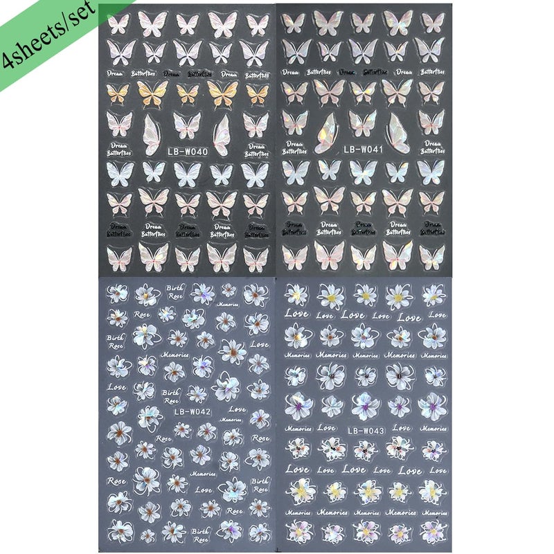 Fcozpjk 5D Embossed Spring Flower Nail Stickers, 4 Sheets Holographic Shiny Butterfly Nail Stickers, Cherry Blossom Nail Decals, Self-Adhesive Pegatinas para UÃ±as, Summer Floral Manicure Design - Image 2