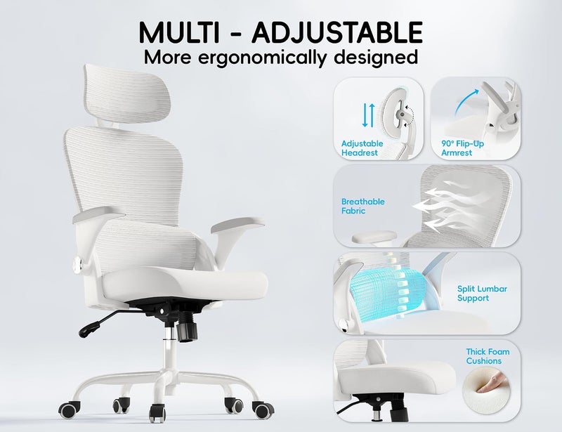 TRALT Office Chair - Ergonomic Office Chair with Back Support, Computer Chair - Home Office Desk Chairs, 330lbs Wide Seat Big and Tall Office Chairs with Headrest, Comfy Desk Chairs (White) - Image 5