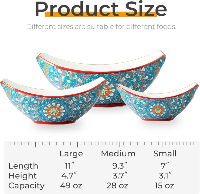 LAUCHUH Serving Bowls with Handles Bohemian Porcelain Serving Dishes for Entertaining Colorful Nesting Bowls Salad Bowls for Kitchen Thanksgiving Christmas Set of 3 152849 oz Blue and Red - Image 2