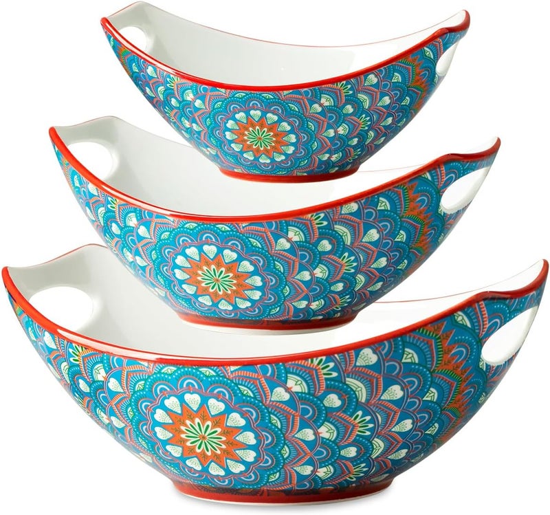 LAUCHUH Serving Bowls with Handles Bohemian Porcelain Serving Dishes for Entertaining Colorful Nesting Bowls Salad Bowls for Kitchen Thanksgiving Christmas Set of 3 152849 oz Blue and Red - Image 1