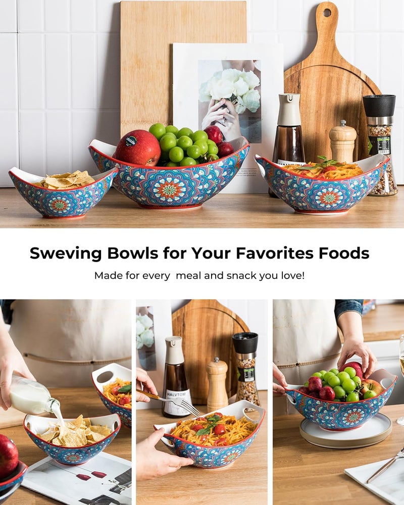LAUCHUH Serving Bowls with Handles Bohemian Porcelain Serving Dishes for Entertaining Colorful Nesting Bowls Salad Bowls for Kitchen Thanksgiving Christmas Set of 3 152849 oz Blue and Red - Image 4