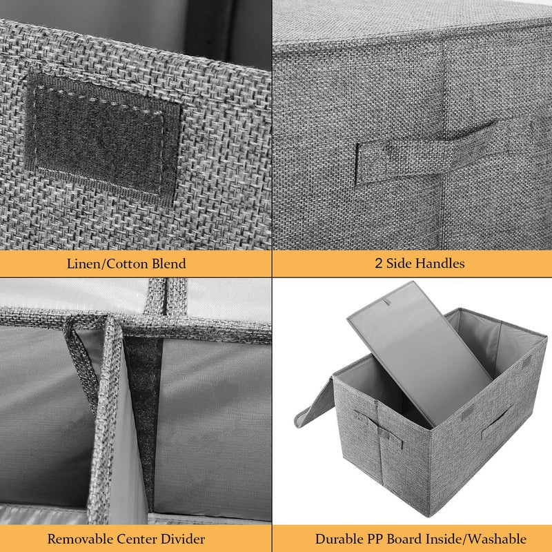 Valease 2 Pack Storage Boxes with Lids and Handles, Collapsible Linen Storage Bins Organizer Containers Baskets Cube with Removable Divider for Home Bedroom Closet Office (Cream, Large) - Image 2