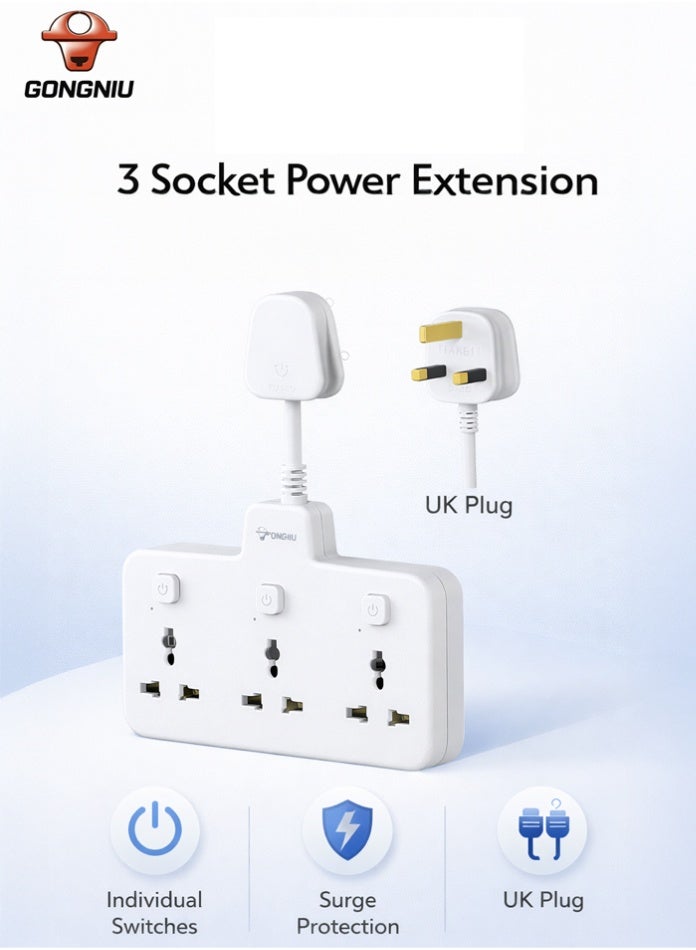 غونغنيو موزع طاقة جداري 3 في 1، مزود بثلاثة منافذ بمفاتيح فردية، مقبس طاقة متعدد الاستخدامات مع حماية من زيادة التيار للمنزل والمكتب - Image 1