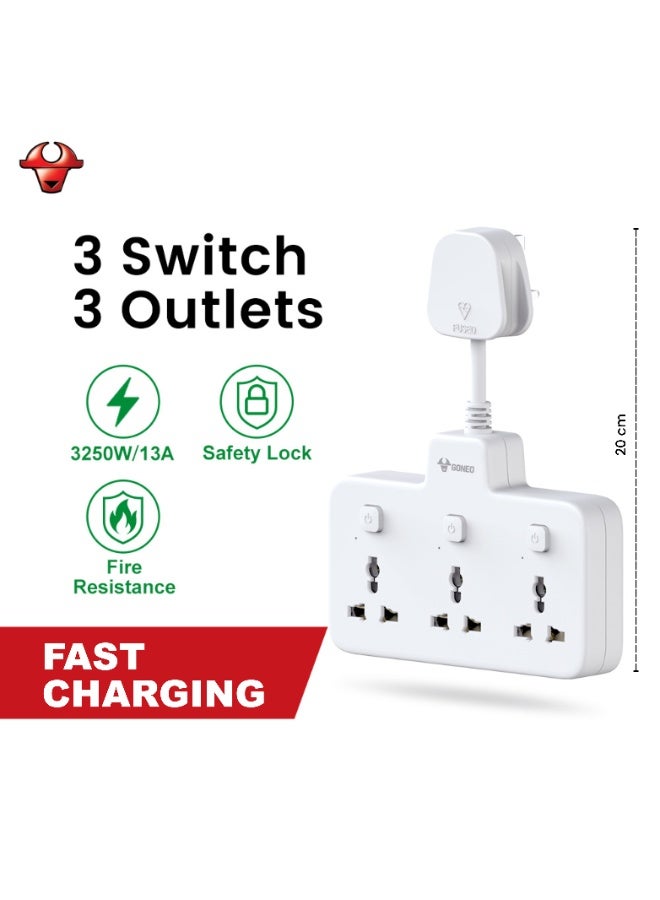 غونغنيو موزع طاقة جداري 3 في 1، مزود بثلاثة منافذ بمفاتيح فردية، مقبس طاقة متعدد الاستخدامات مع حماية من زيادة التيار للمنزل والمكتب - Image 2