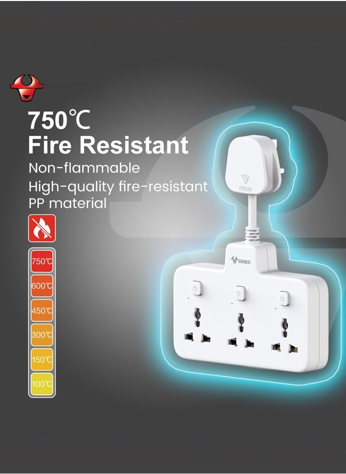 GONEO Flexible Extension Board, Individual Switch Power Strip, 3250W 13A Extension Cord with 3 Universal Socket, Surge Protection for Home Office - 3 Switches 3 Outlets  - Image 2