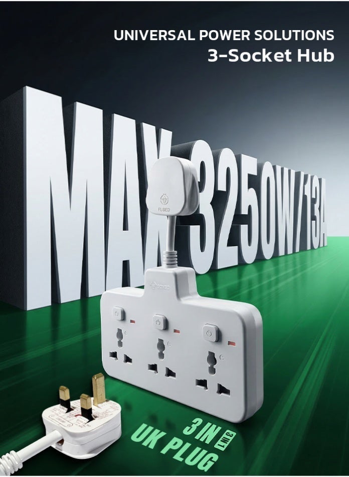 جونيو موزع طاقة جداري 3 في 1، مزود بثلاثة منافذ بمفاتيح فردية، مقبس طاقة متعدد الاستخدامات مع حماية من زيادة التيار للمنزل والمكتب - Image 3