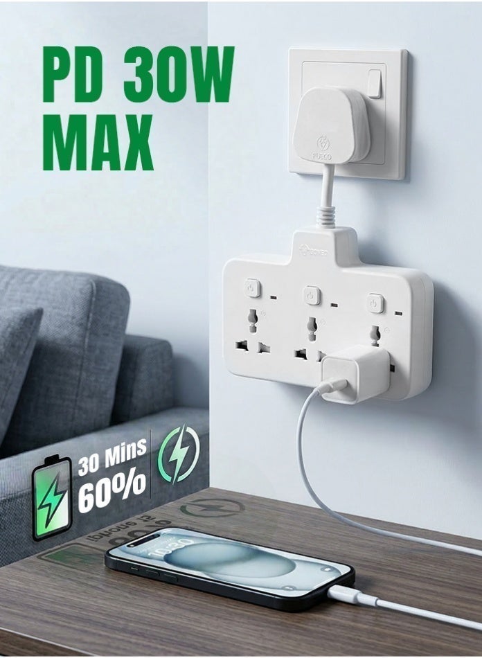 3 In 1 Power Strip Wall Extension Plug, 3 Outlets with Individual Switches, Universal Multi Plug Power Extension Socket with Surge Protection for Home & Office