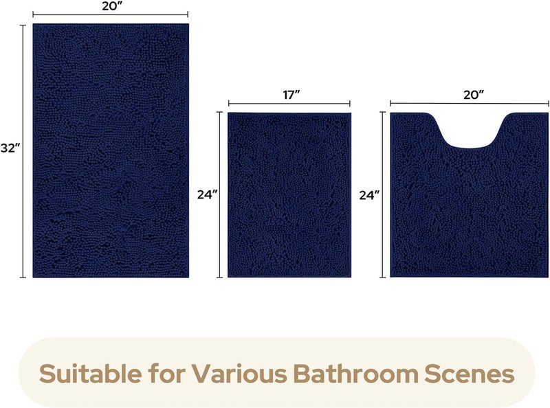 HOMEIDEAS 3 Pieces Chenille Bath Rug Set Ultra Soft Non Slip Plush Bathroom Mat Absorbent Washable Dryable for Tub - Image 3