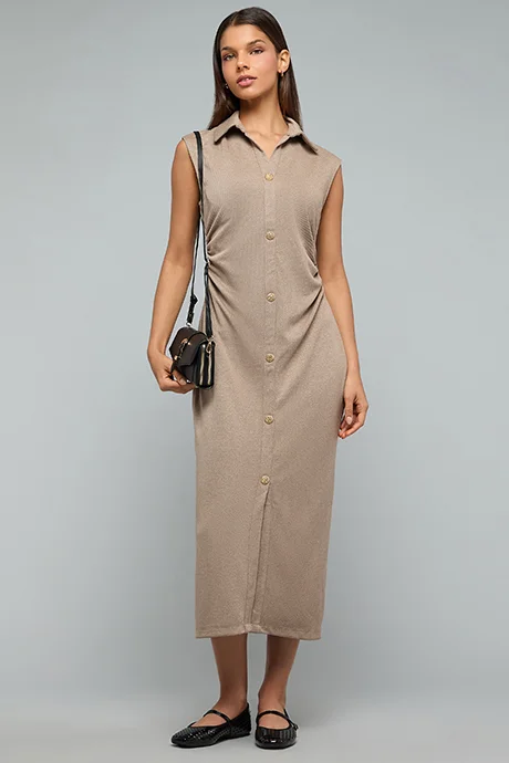 أر أند بي Textured Sleeveless Shirt Dress