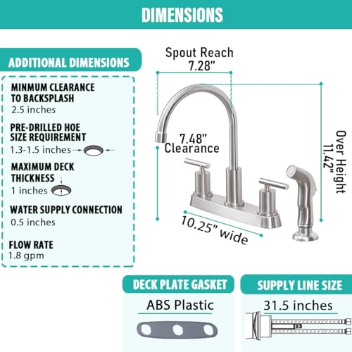 Vsunhoo Kitchen Faucet with Sprayer, Brushed Nickel Kitchen Sink Faucet, 3 or 4 Hole RV Faucet for Kitchen Sink, Stainless Steel Touch Kitchen Faucet with Side Sprayer, TDLKF024L - Image 5