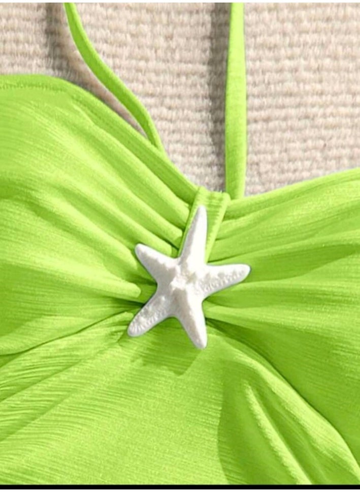 SHEIN Women's Neon Green Pleated Texture Halter One-Piece Swimsuit For Vacation - Image 3