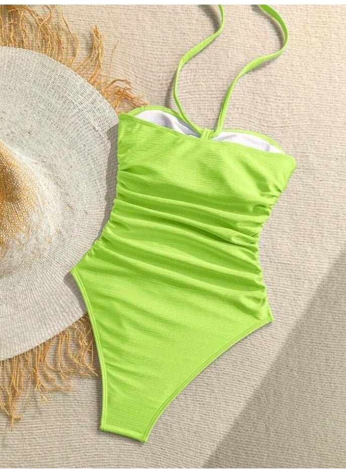 SHEIN Women's Neon Green Pleated Texture Halter One-Piece Swimsuit For Vacation - Image 5