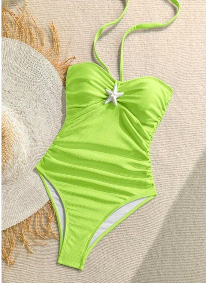 SHEIN Women's Neon Green Pleated Texture Halter One-Piece Swimsuit For Vacation - Image 1