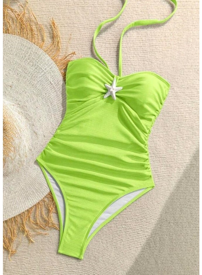 SHEIN Women's Neon Green Pleated Texture Halter One-Piece Swimsuit For Vacation - Image 4