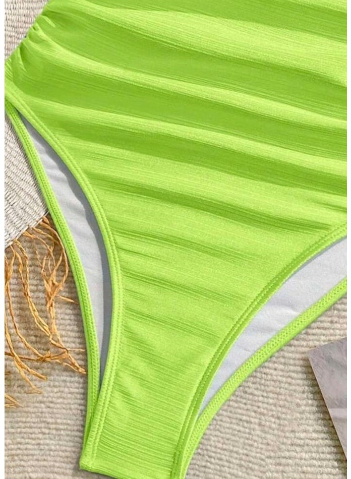 SHEIN Women's Neon Green Pleated Texture Halter One-Piece Swimsuit For Vacation - Image 2
