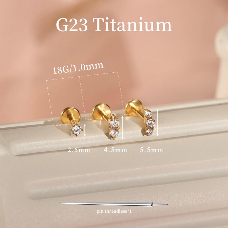 ShineRose Flat Back Cartilage Earrings For Women Stud Tragus Helix Nose Piercing Jewelry Conch Threadless 18G Titanium Surgical Steel Hypoallergenic 14K Gold plated CZ Silver Small Tiny Round CZ Studs (Gold( Threadless ), 18G-6mm) - Image 2