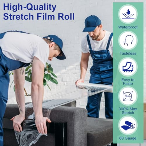 LECWELL Stretch Film Roll,15IN Wide 196.8FT Long-60 Gauge Shrink Wrap Film,Self-Adhering Plastic Wrap Roll for Pallet Wrap, Furniture Wrapping Moving & Protection,300% Max Stretch,Clear - Image 3