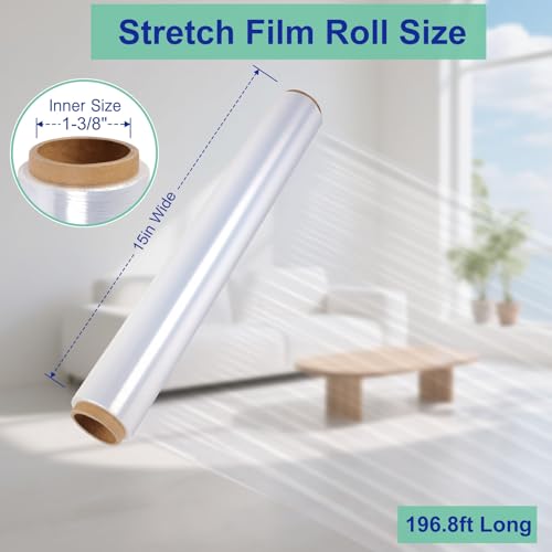 LECWELL Stretch Film Roll,15IN Wide 196.8FT Long-60 Gauge Shrink Wrap Film,Self-Adhering Plastic Wrap Roll for Pallet Wrap, Furniture Wrapping Moving & Protection,300% Max Stretch,Clear - Image 2