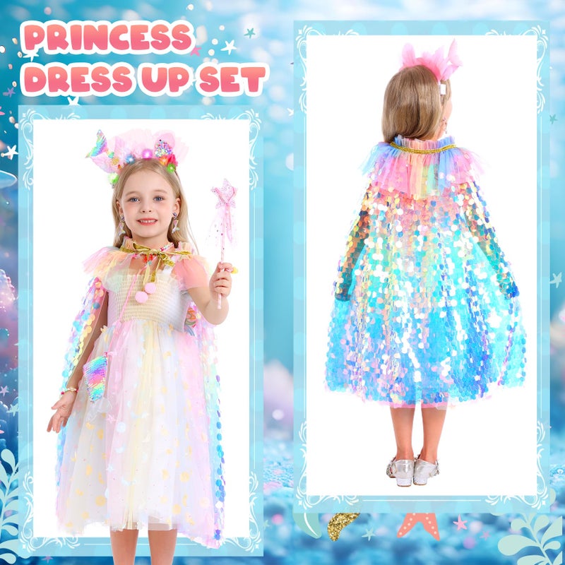 LIMIROLER Princess Dress Up Toys Princess Dress Up Clothes Rainbow Mermaid Cape Kit 9 Pcs Gift Set for Little Girls 3-8 Years (13 - Rainbow Multi-Color New) - Image 4