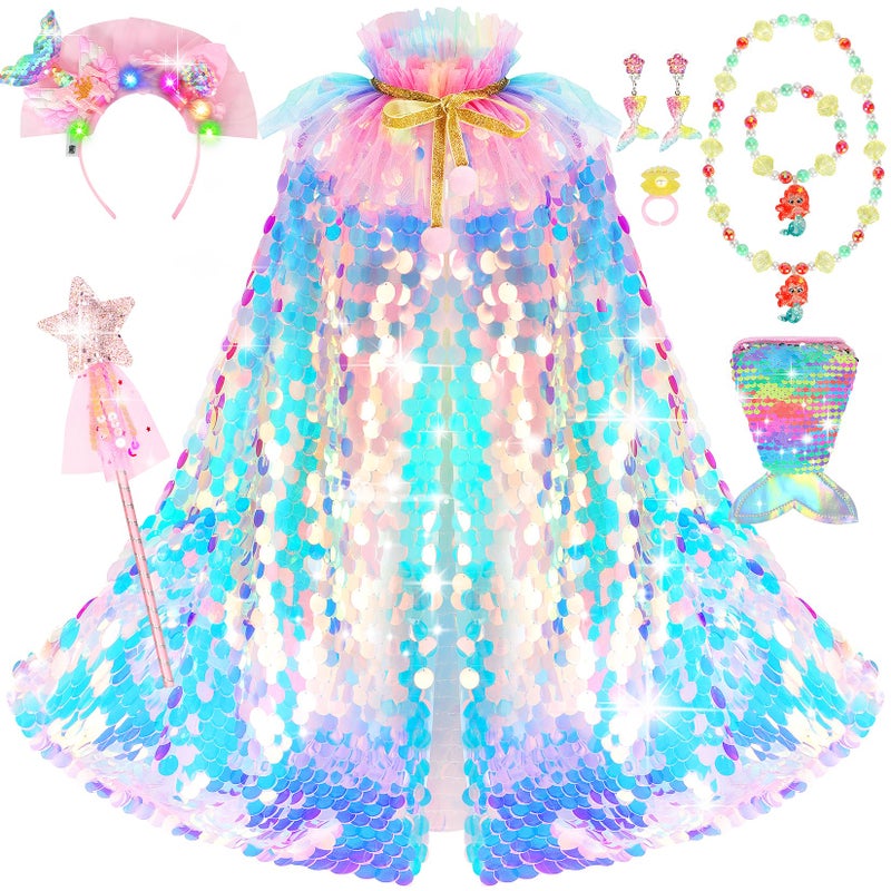 LIMIROLER Princess Dress Up Toys Princess Dress Up Clothes Rainbow Mermaid Cape Kit 9 Pcs Gift Set for Little Girls 3-8 Years (13 - Rainbow Multi-Color New) - Image 1