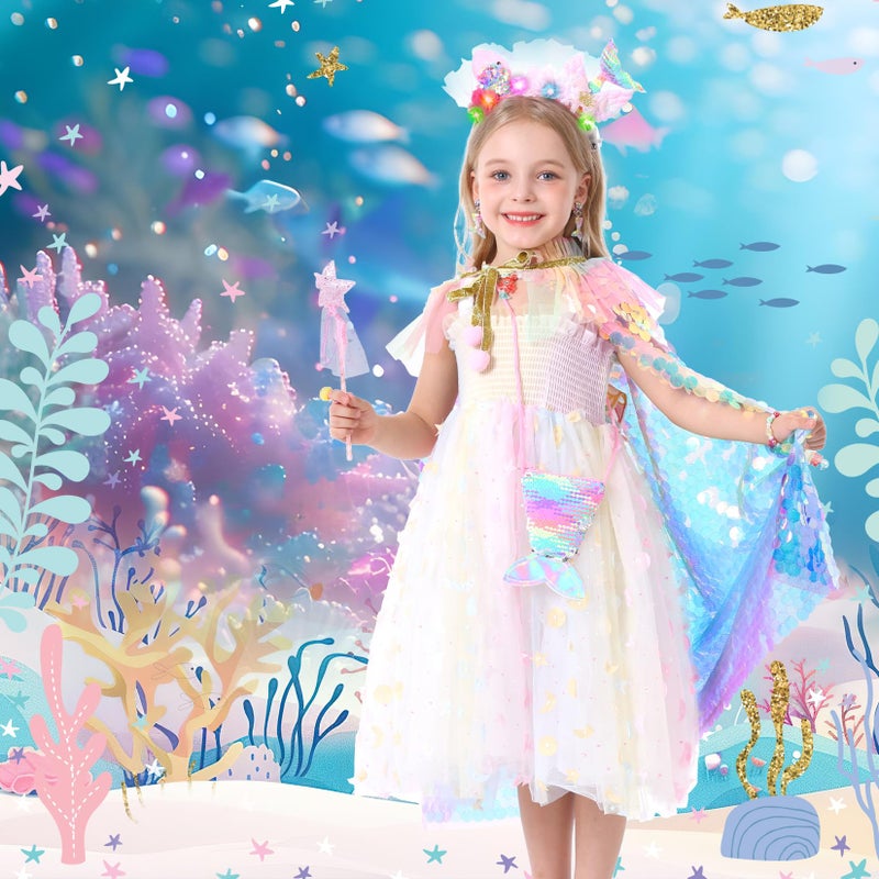 LIMIROLER Princess Dress Up Toys Princess Dress Up Clothes Rainbow Mermaid Cape Kit 9 Pcs Gift Set for Little Girls 3-8 Years (13 - Rainbow Multi-Color New) - Image 3