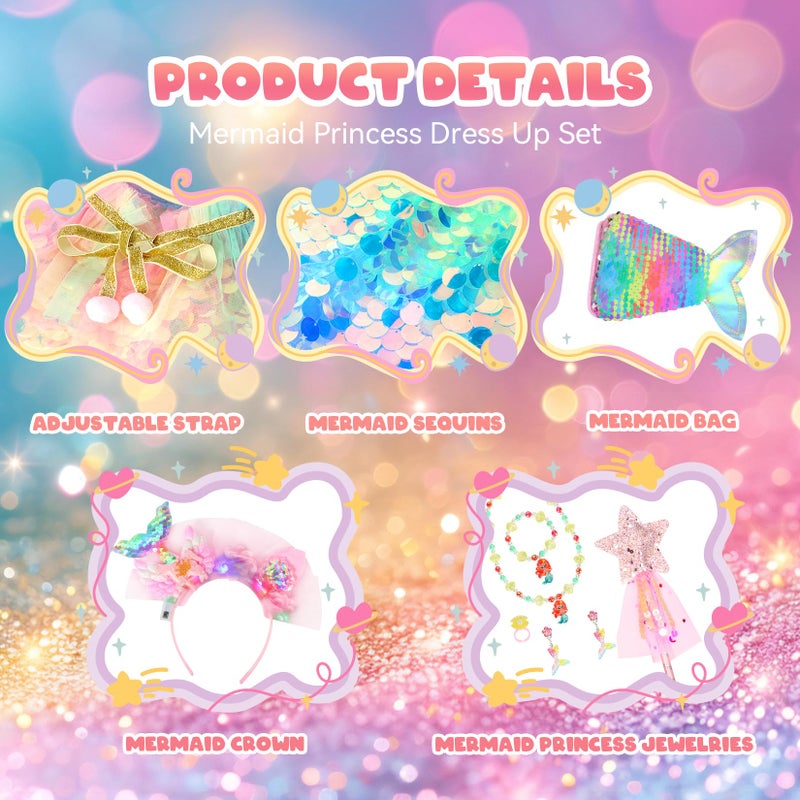 LIMIROLER Princess Dress Up Toys Princess Dress Up Clothes Rainbow Mermaid Cape Kit 9 Pcs Gift Set for Little Girls 3-8 Years (13 - Rainbow Multi-Color New) - Image 5
