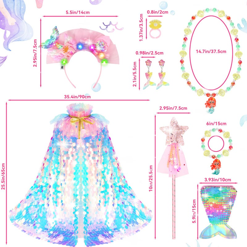 LIMIROLER Princess Dress Up Toys Princess Dress Up Clothes Rainbow Mermaid Cape Kit 9 Pcs Gift Set for Little Girls 3-8 Years (13 - Rainbow Multi-Color New) - Image 2