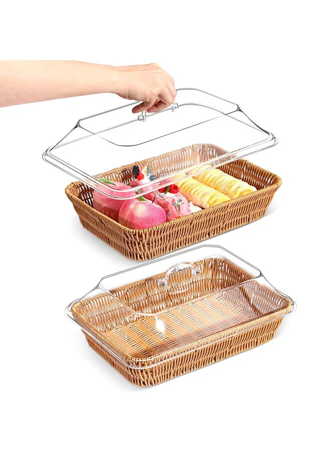 LAMAY 2 Set Wicker Bread Baskets for Serving with Acrylic Lids Woven Imitation Rattan Bread Basket Rectangular with Cover for World Baking Day Fruit Food Serving (9.8''*13.7'') - Image 1