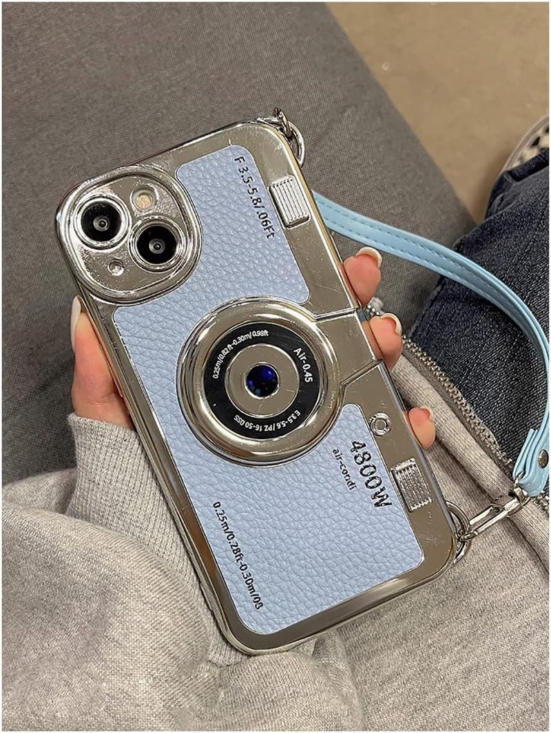 QoKcoahn 3D Vintage Camera Phone Case with Hand Strap - Unique Cool Silicone PC Shockproof Crossbody Protective Case for iPhone 16-Blue - Image 3