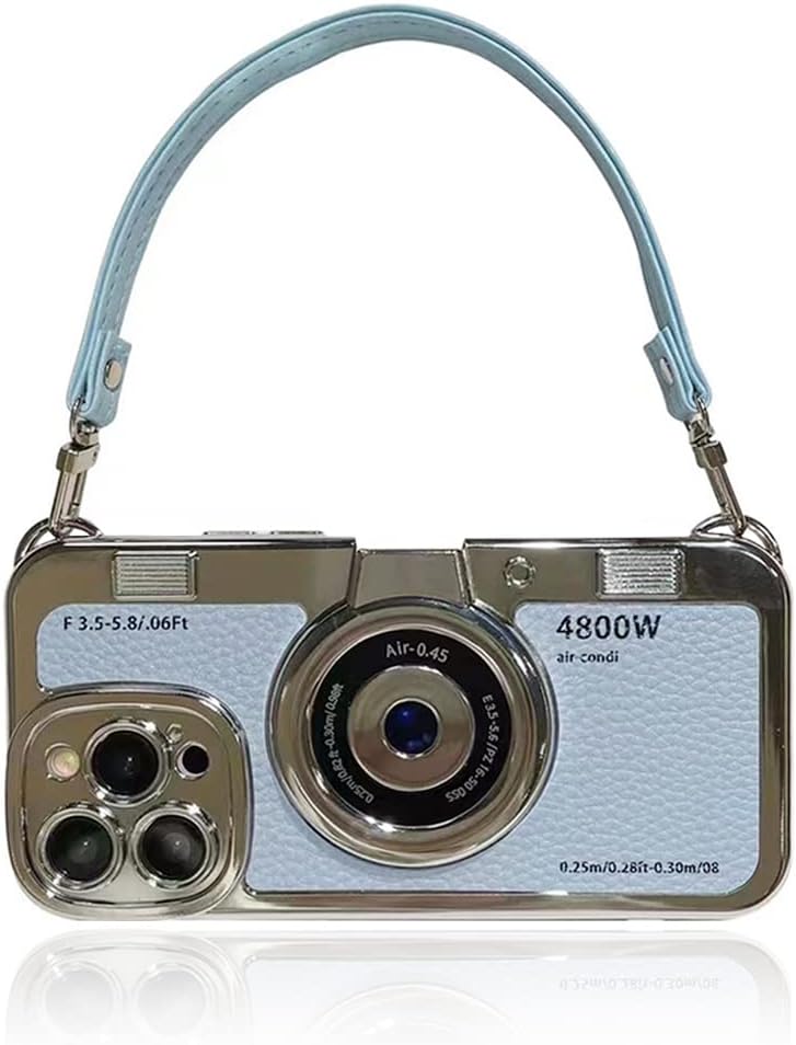 QoKcoahn 3D Vintage Camera Phone Case with Hand Strap - Unique Cool Silicone PC Shockproof Crossbody Protective Case for iPhone 16-Blue - Image 1