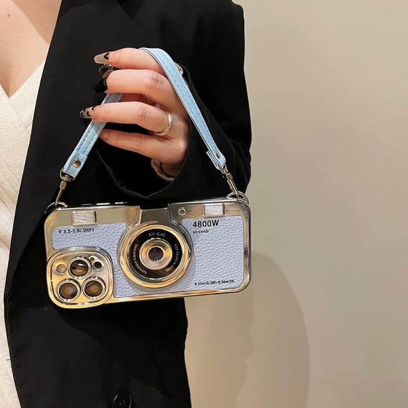 QoKcoahn 3D Vintage Camera Phone Case with Hand Strap - Unique Cool Silicone PC Shockproof Crossbody Protective Case for iPhone 16-Blue - Image 5