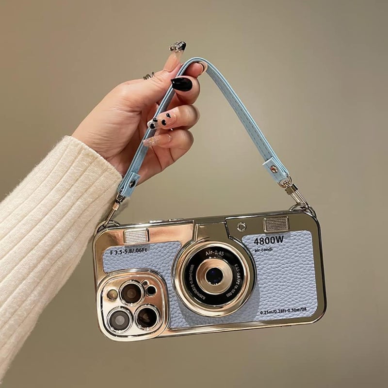 QoKcoahn 3D Vintage Camera Phone Case with Hand Strap - Unique Cool Silicone PC Shockproof Crossbody Protective Case for iPhone 16-Blue - Image 2