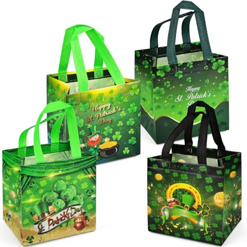 ORNACELE 4PCS Saint Patricks Day Bags, St Patricks Day Tote Bags with Handles, Party Favor Container, Non-Woven St Paddy Day Bags for Gift Wrapping, Irish Party Supplies, 7.9"×7.9"×5.9" - Image 1