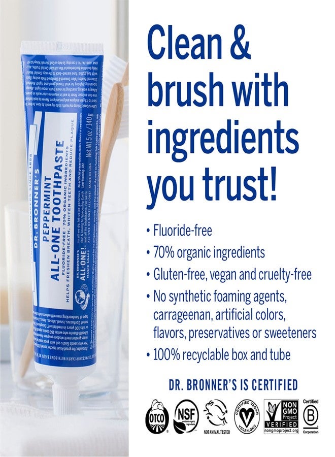 Dr. Bronner's Dr. Bronner’s - All-One Toothpaste Variety Pack - Peppermint & Spearmint, 70% Organic Ingredients, Fluoride-Free, Helps Freshen Breath, Vegan (5oz, 2-Pack) - Image 5