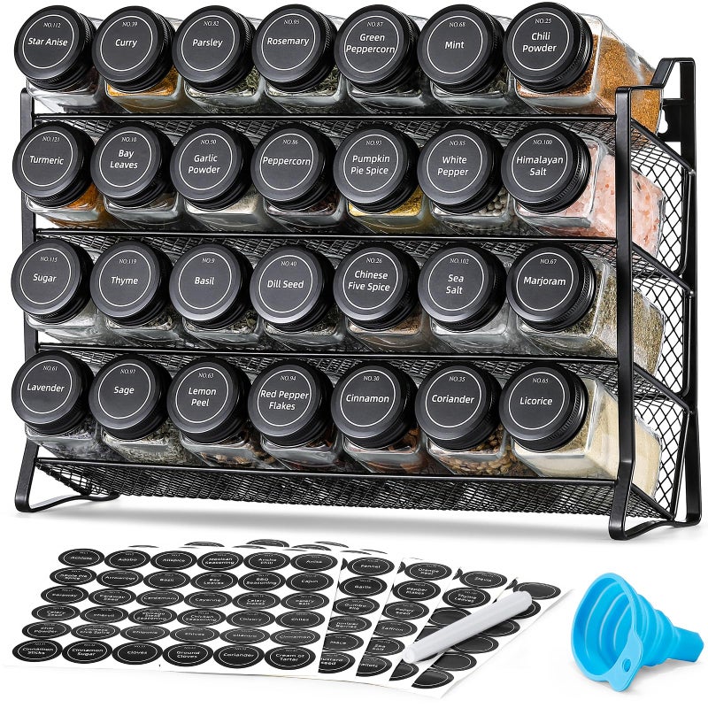 AOZITA Spice Rack Organizer for Cabinet Spice Organizer with 28 Empty Spice Jars with Black Lids Funnel Spice Labels Seasoning Organizer for Countertop Cabinet Kitchen Pantry Cupboard