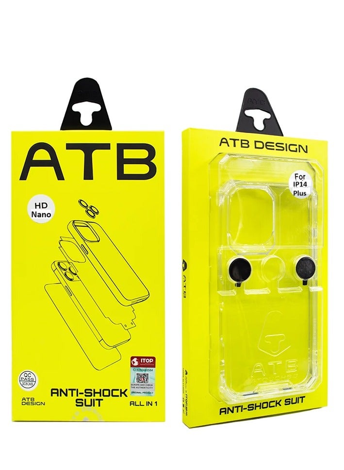 ATB 6-in-1 Flexible Nano Film Protection Set for iPhone 14 Plus Ultra-smooth installation with nano-clear, non-glass screen film New-generation screen protection with flexible nano-film instead of glass. Plus: transparent case, lens cover, rear film, dust mesh stickers, and magnetic ring — all in one. - Image 1