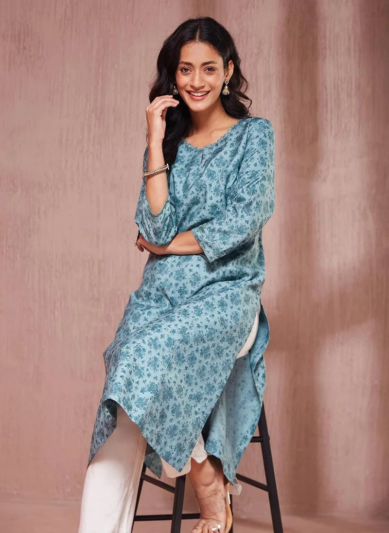 Fabindia Blue Viscose Silk Hand Block Printed Long Kurta