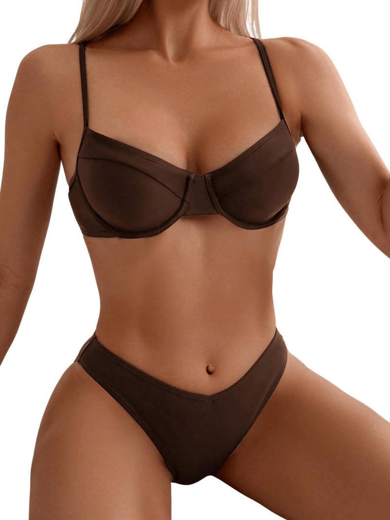 SweatyRocks Women's 2 Piece Bikini Set Spaghetti Strap High Cut Push Up Underwire Swimsuit Coffee Brown Medium - Image 3