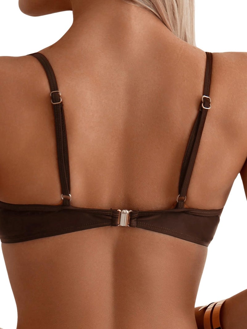 SweatyRocks Women's 2 Piece Bikini Set Spaghetti Strap High Cut Push Up Underwire Swimsuit Coffee Brown Medium - Image 5