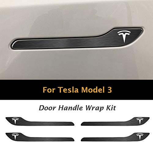 IPG for Tesla Model 3 / Model Y Door Handle Decal Sticker Wrap Kit (Set of 4) with Tesla Logo (Midnight Silver Brushed Aluminum) - Image 2
