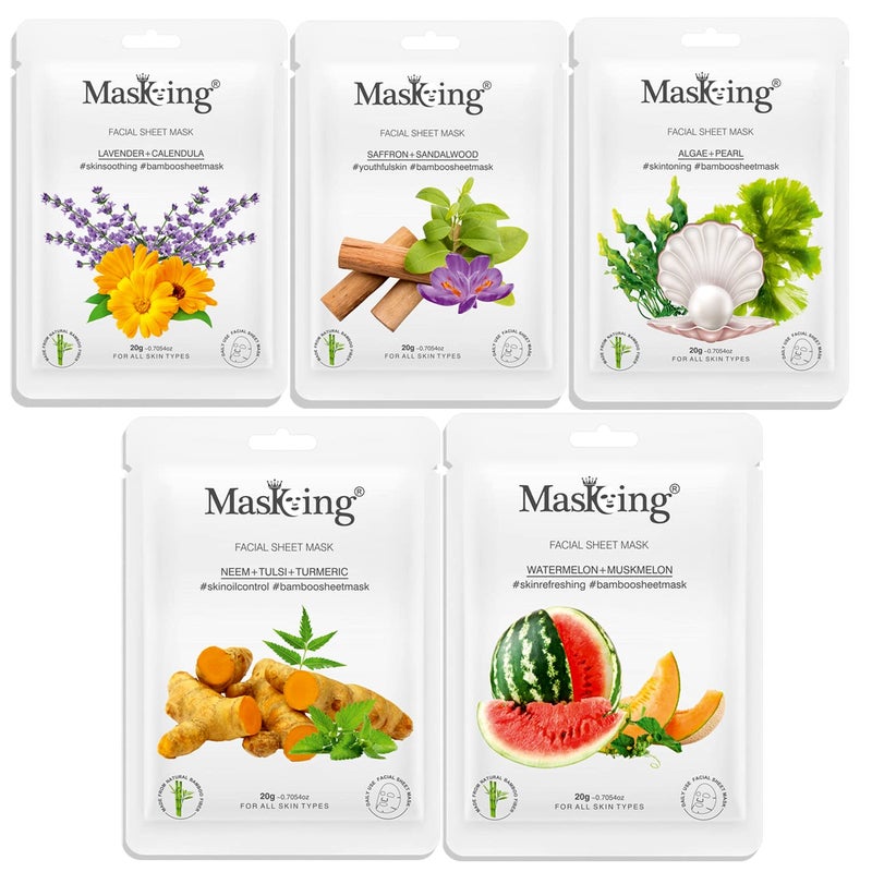 MasKing Bamboo Facial Sheet Mask of Lavender Neem Saffron Algae Watermelon Ideal for Women Men 100ml Combo Pack of 5 - Image 1