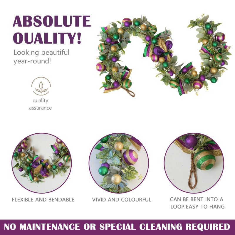 Egolot Mardi Gras Bead Garland, 70 Inch Glitter Purple Gold Green Ball Garland with Lamb Ear Leaves for Mantel Door Wall, Carnival Indoor Outdoor Home Decor - Image 2