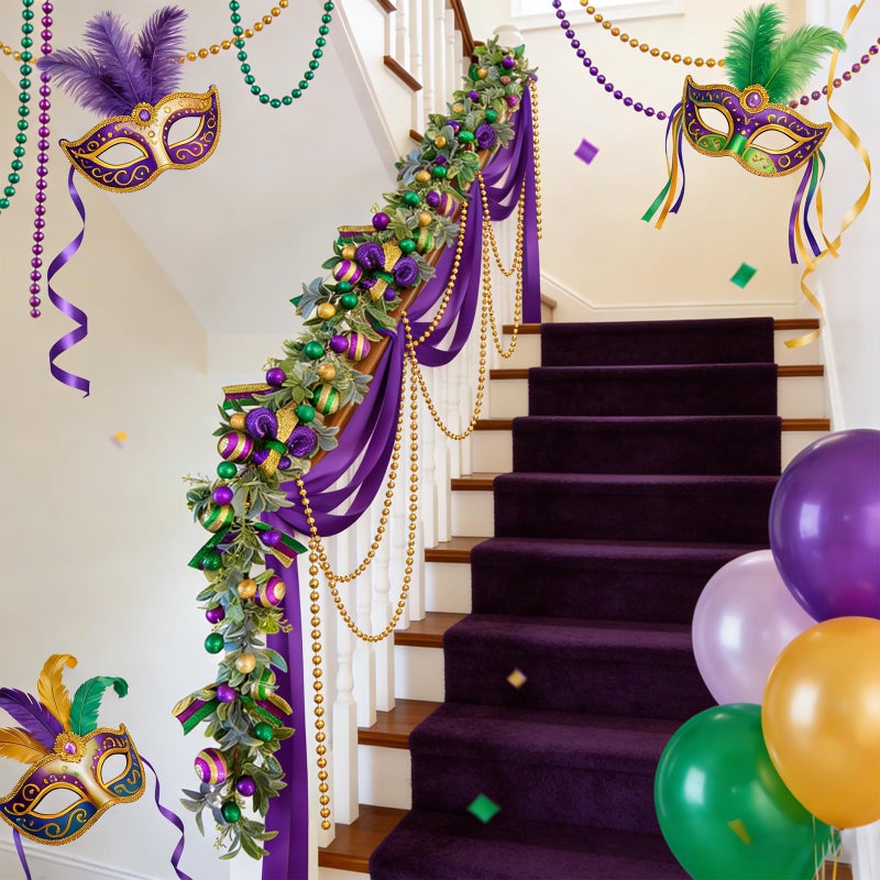 Egolot Mardi Gras Bead Garland, 70 Inch Glitter Purple Gold Green Ball Garland with Lamb Ear Leaves for Mantel Door Wall, Carnival Indoor Outdoor Home Decor - Image 4