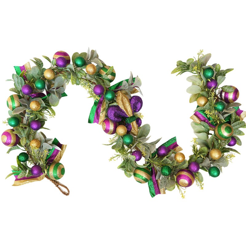 Egolot Mardi Gras Bead Garland, 70 Inch Glitter Purple Gold Green Ball Garland with Lamb Ear Leaves for Mantel Door Wall, Carnival Indoor Outdoor Home Decor - Image 1