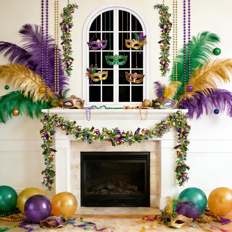 Egolot Mardi Gras Bead Garland, 70 Inch Glitter Purple Gold Green Ball Garland with Lamb Ear Leaves for Mantel Door Wall, Carnival Indoor Outdoor Home Decor - Image 5